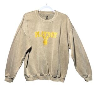 PLAYBOY Bunny‎ Logo Sweatshirt Tan Beige Graphic Crewneck Pullover L